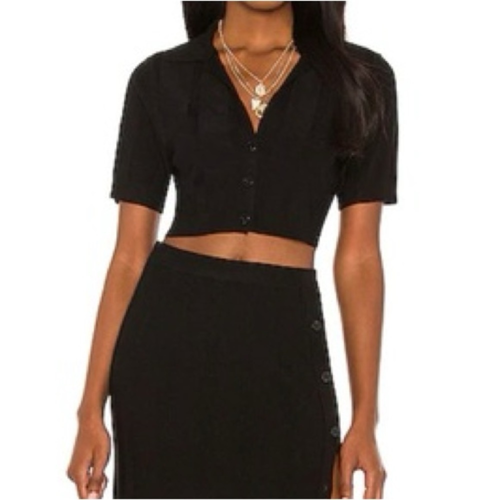 DEVON WINDSOR Amara Top in Black Faint Stripe Textured Button Down Crop Sz XS